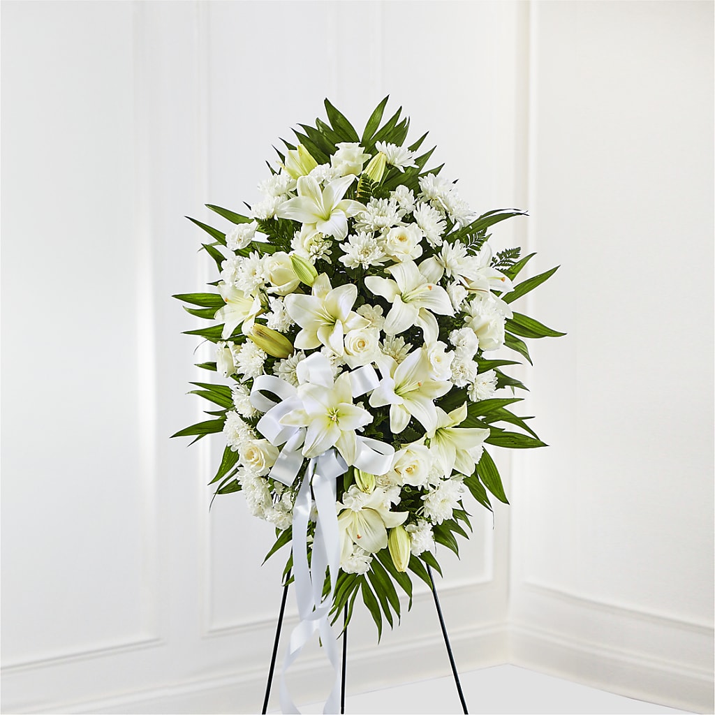 Exquisite Tribute Standing Spray-White Ribbon – BLAKELEE'S BOUQUETS, Birmingham AL